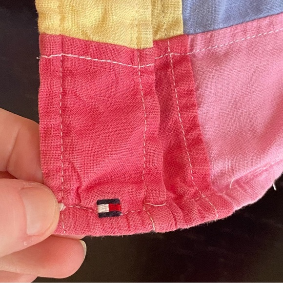 Y2K Tommy Hilfiger Button Down Linen Shirt Madras Patchwork Contrast Cuff Size L - Picture 3 of 8